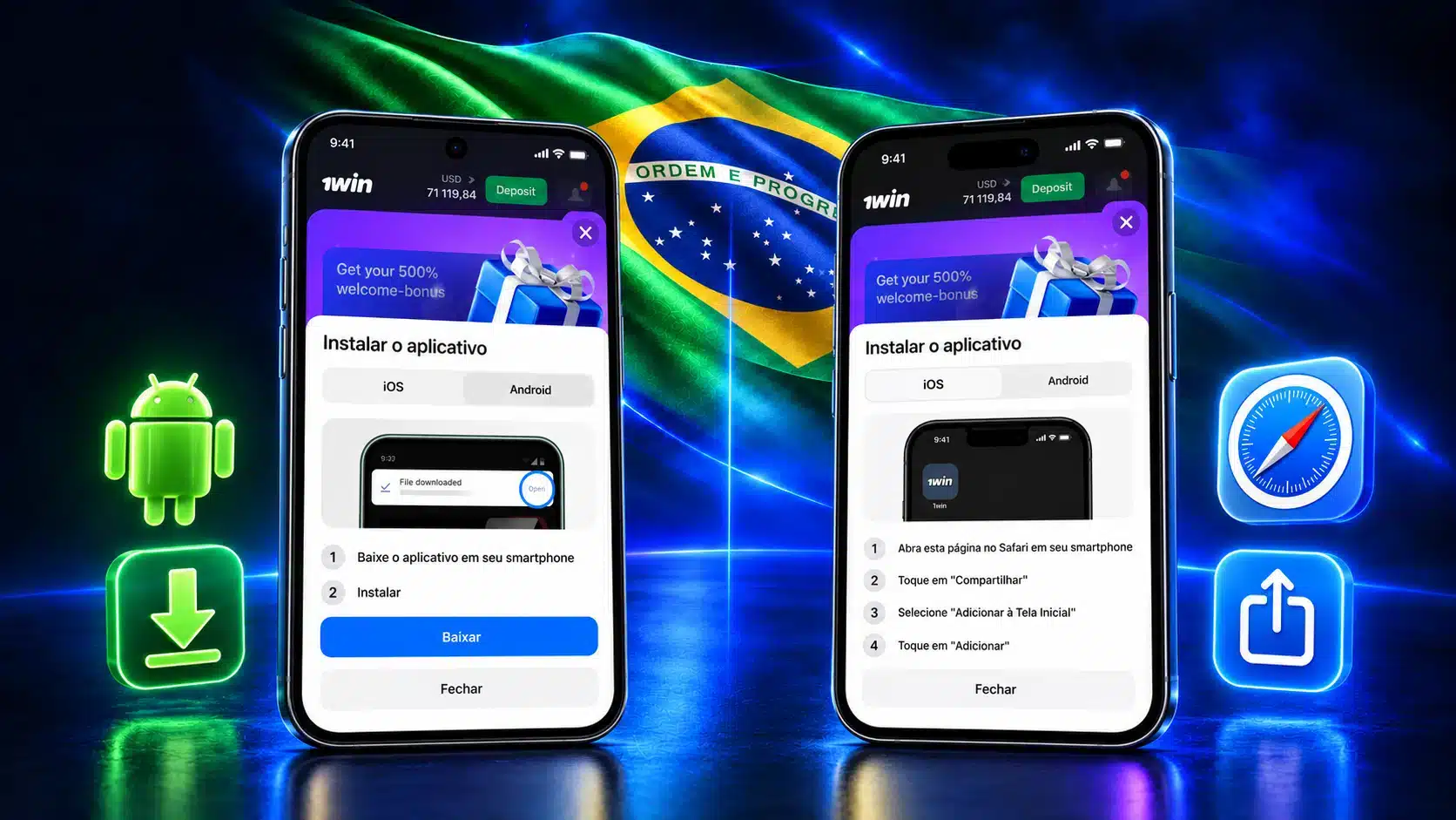 Dois celulares com opções de instalação para Android e acesso pelo Safari em um cenário azul com a bandeira do Brasil