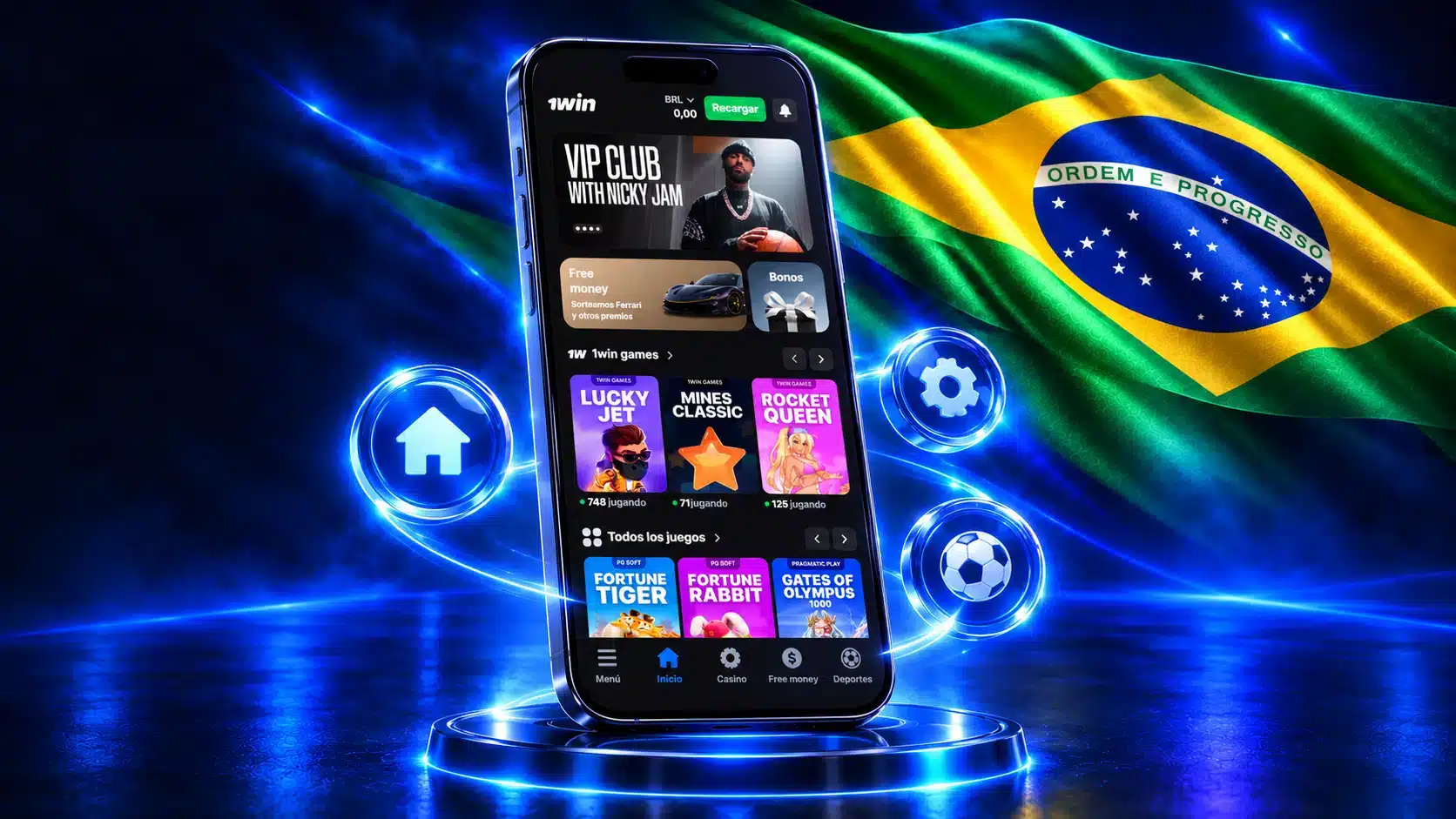 Celular com categorias de jogos junto a símbolos de início, jogos e esportes em um cenário azul com a bandeira do Brasil