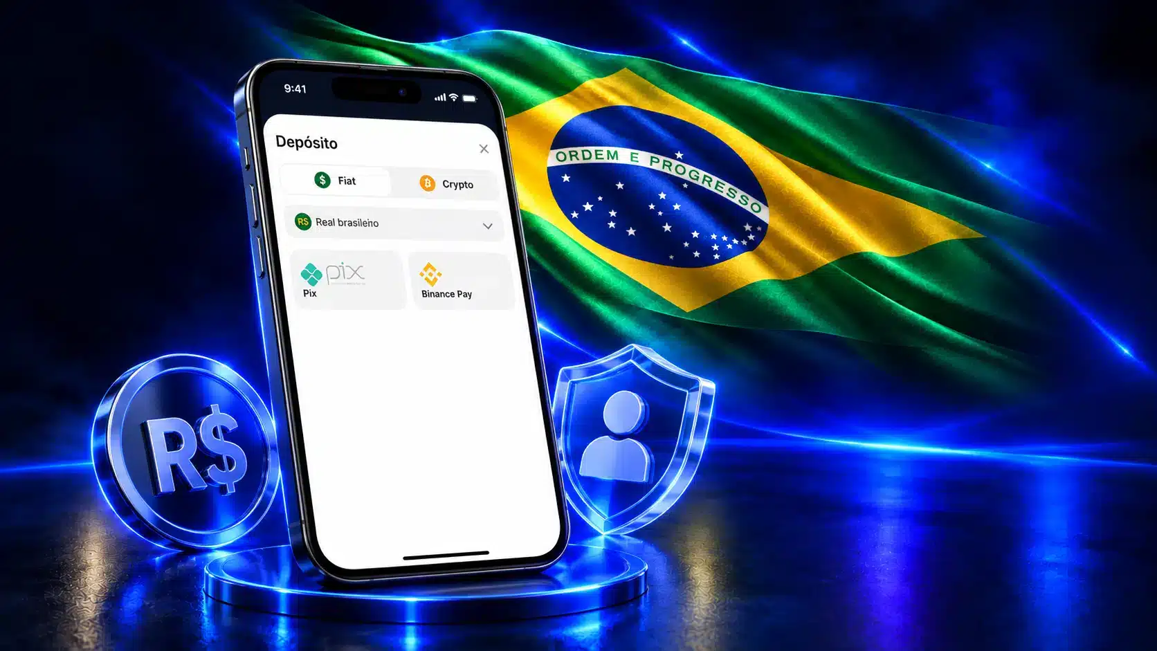 Celular com métodos de depósito junto a símbolos de reais e proteção da conta em um cenário azul com a bandeira do Brasil