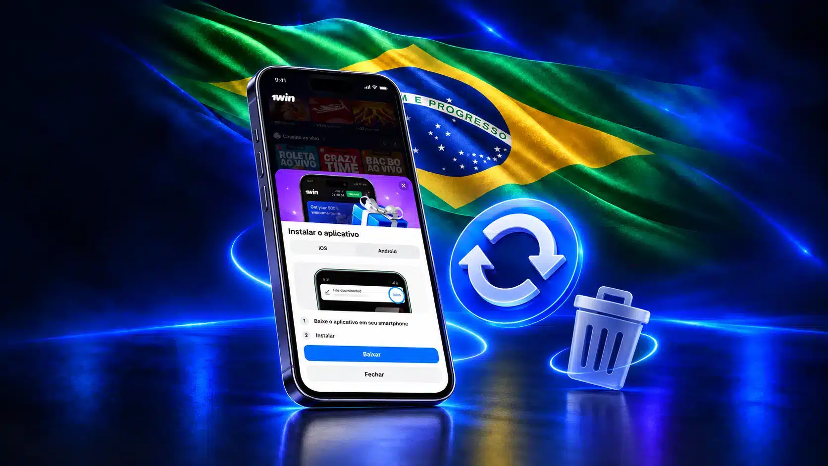 Celular com opções de instalação junto a símbolos de atualização e exclusão em um cenário azul com a bandeira do Brasil