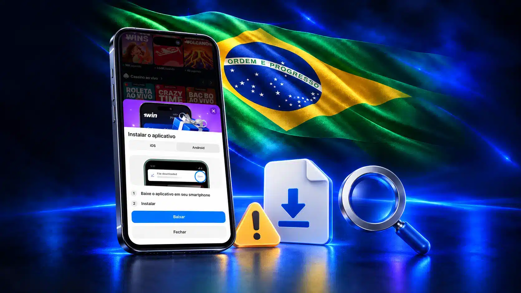 Celular com opções de instalação junto a arquivo de download, alerta e lupa em um cenário azul com a bandeira do Brasil