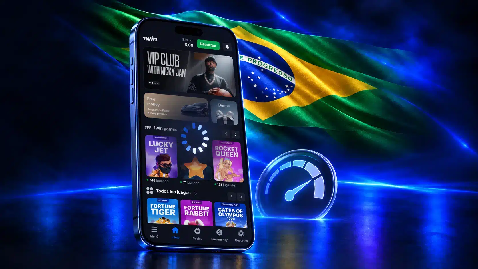 Celular com a página inicial e indicador de carregamento junto a medidor de desempenho em um cenário azul com a bandeira do Brasil
