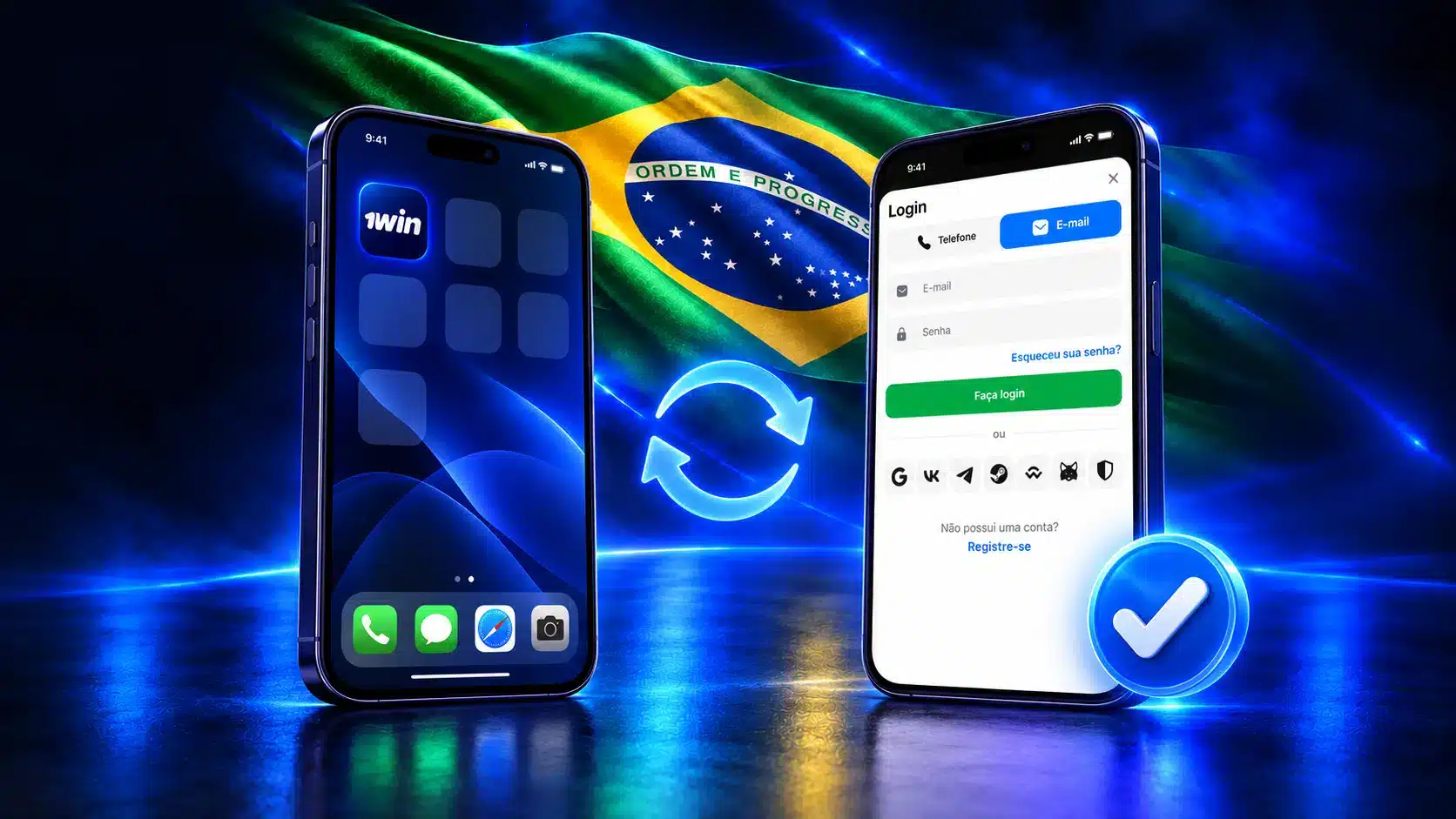 Dois celulares com atalho e formulário de login junto a símbolos de atualização e confirmação em um cenário azul com a bandeira do Brasil