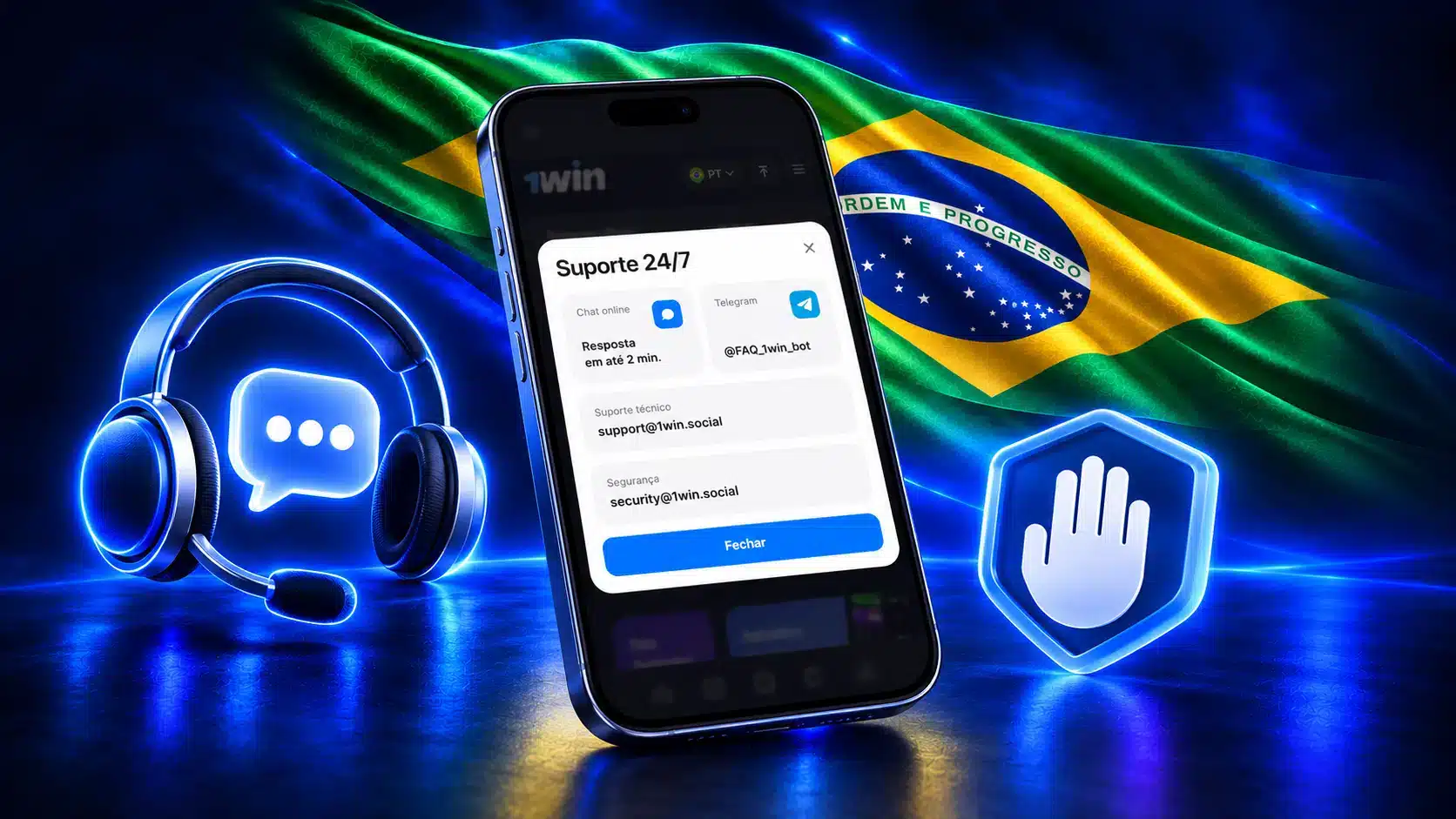 Celular com formulário de suporte junto a fone, balão de conversa e símbolo de interrupção em um cenário azul com a bandeira do Brasil