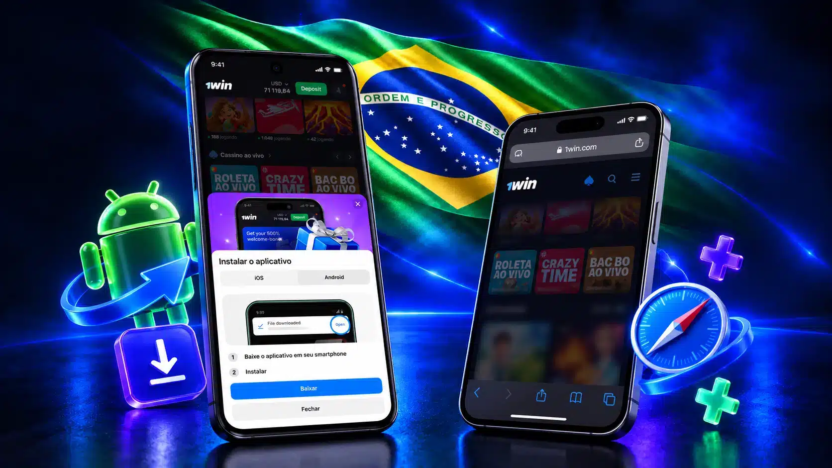 Celulares com instalação de aplicativo e acesso pelo navegador, com símbolos do Android e Safari em um cenário azul com a bandeira do Brasil