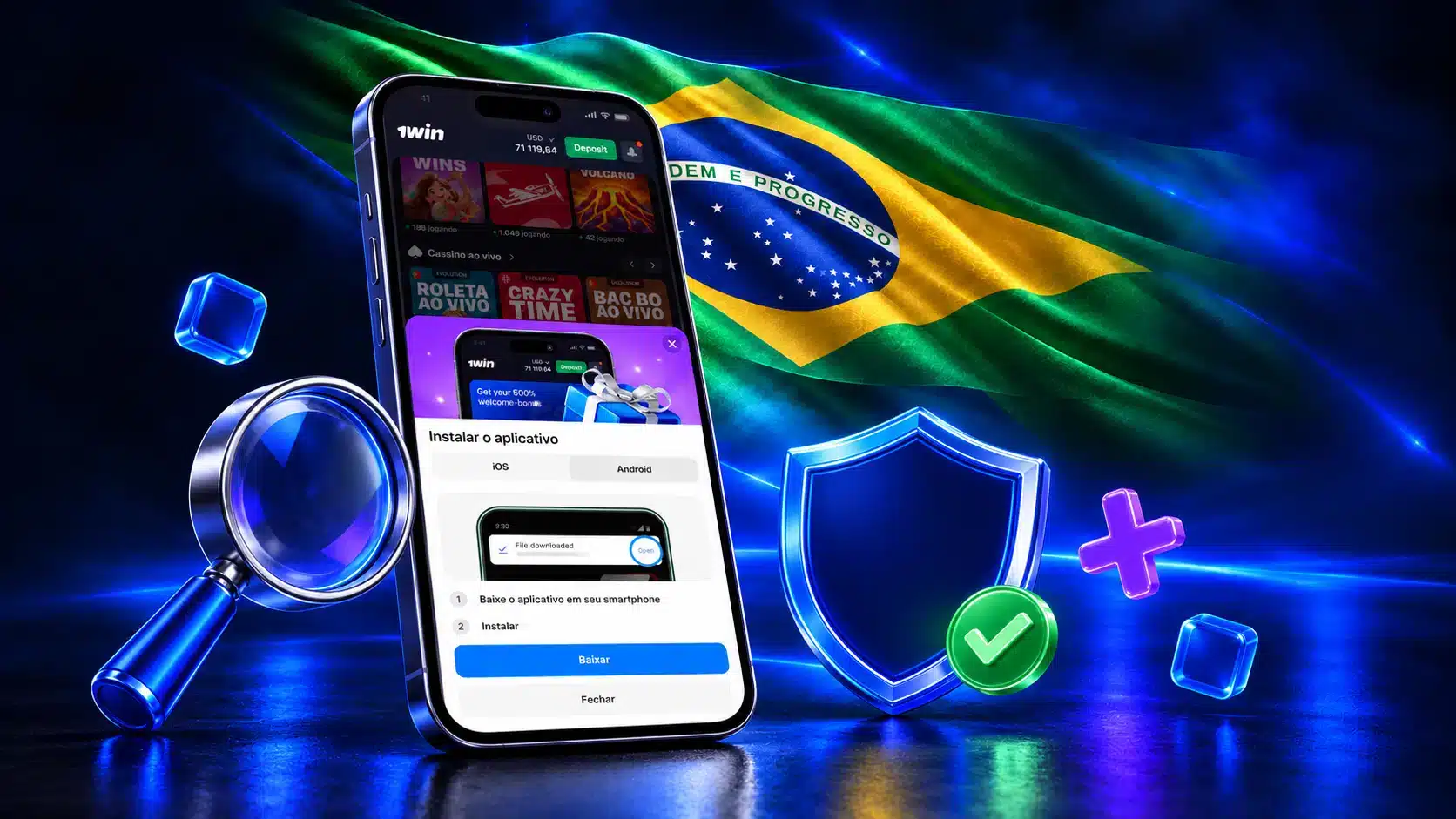 Celular com opções de instalação junto a lupa, escudo e marca de confirmação em um cenário azul com a bandeira do Brasil