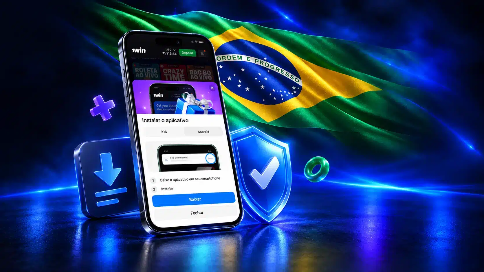 Celular com instalação junto a arquivo de download e escudo com confirmação em um cenário azul com a bandeira do Brasil