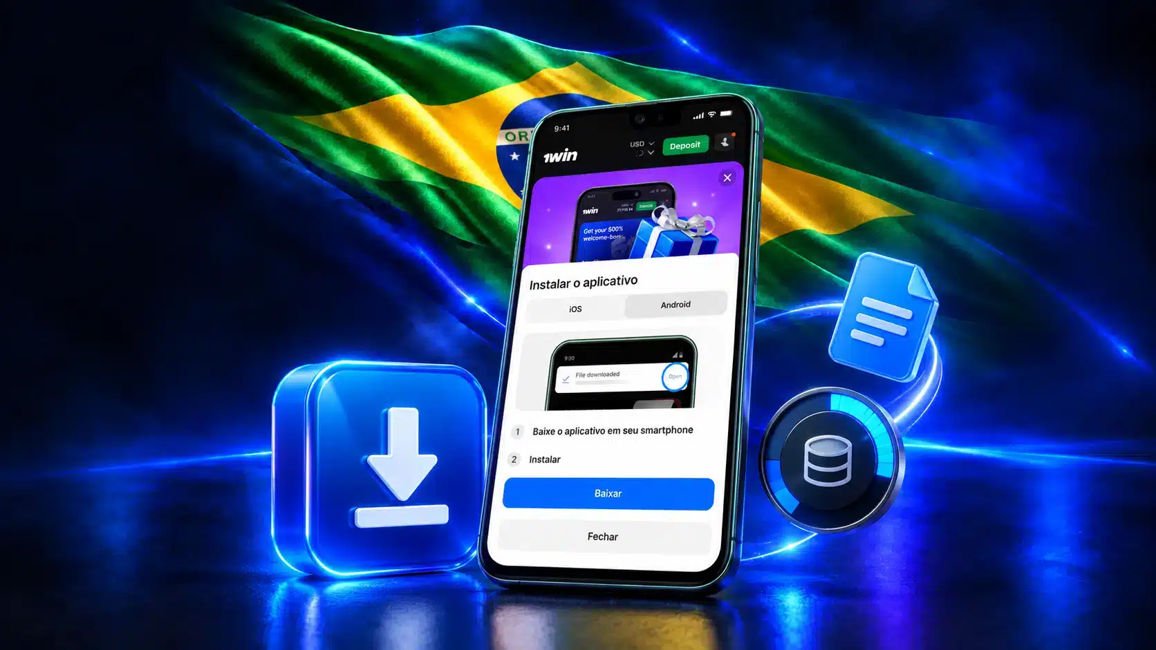 Celular com opções de instalação junto a símbolos de download e armazenamento em um cenário azul com a bandeira do Brasil