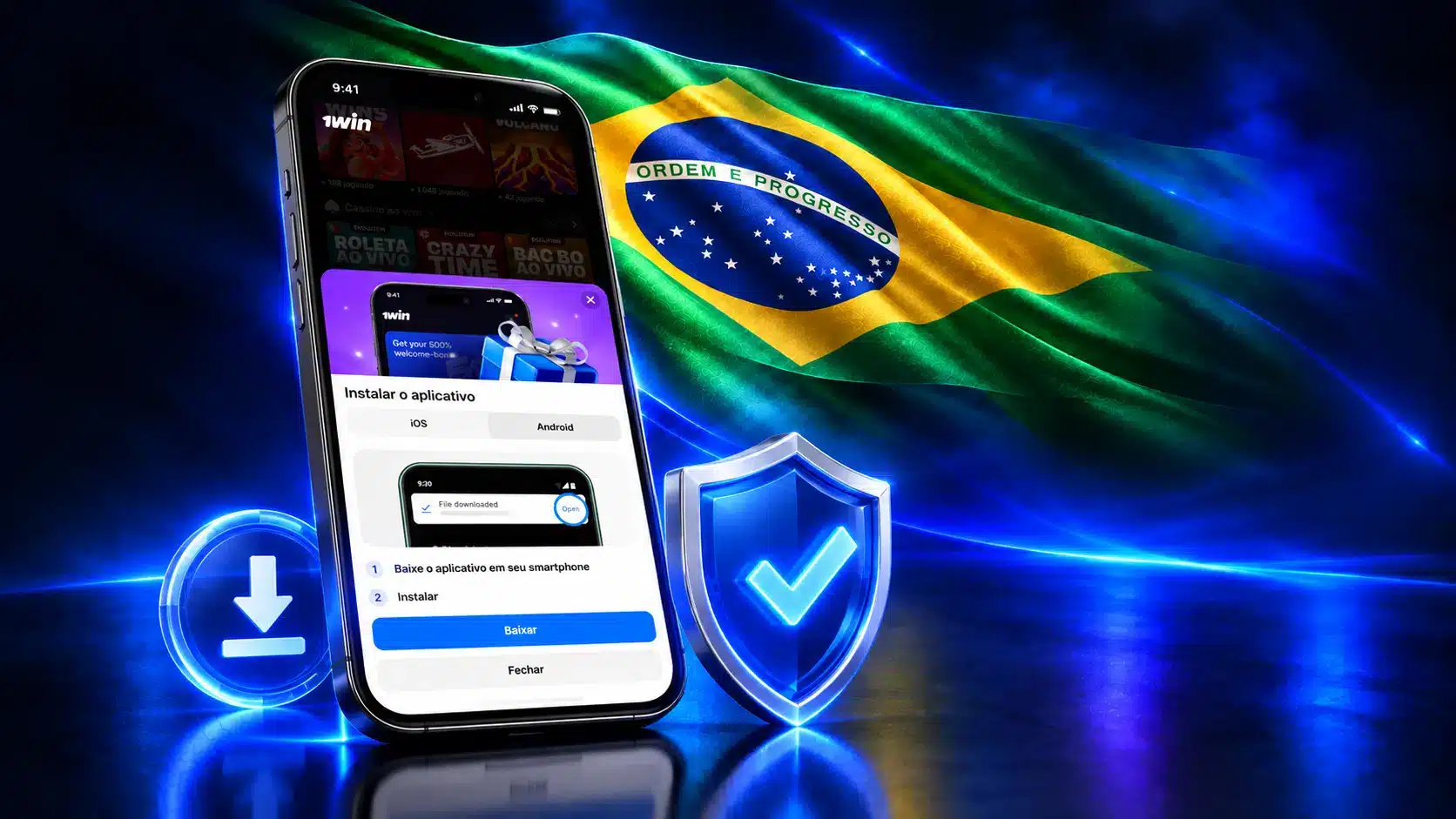 Celular com opções de instalação junto a símbolo de download e escudo em um cenário azul com a bandeira do Brasil