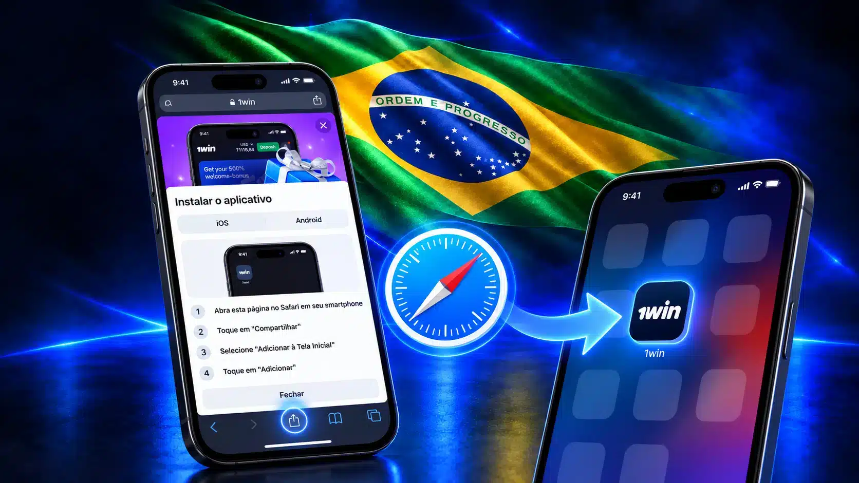 Dois iPhones com opções do Safari e atalho na tela inicial em um cenário azul com a bandeira do Brasil