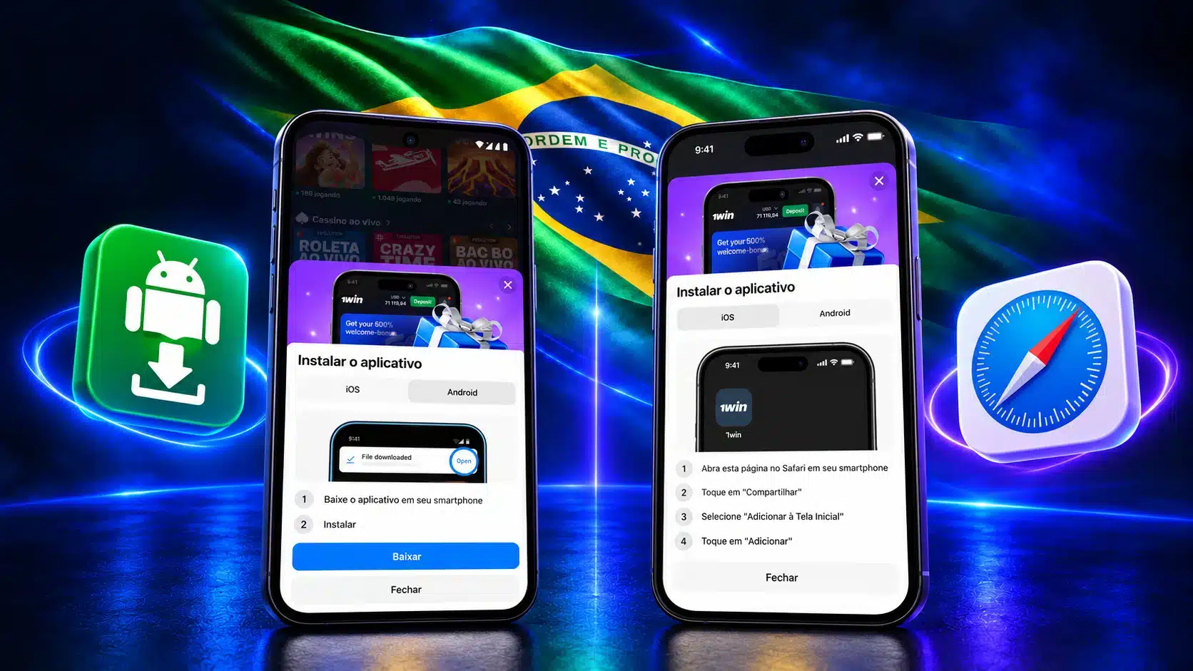Celulares com opções de acesso pelo Android e Safari em um cenário azul com a bandeira do Brasil