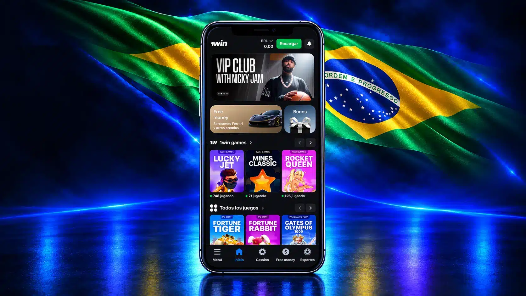 Celular com a página inicial e categorias de jogos em um cenário azul com a bandeira do Brasil
