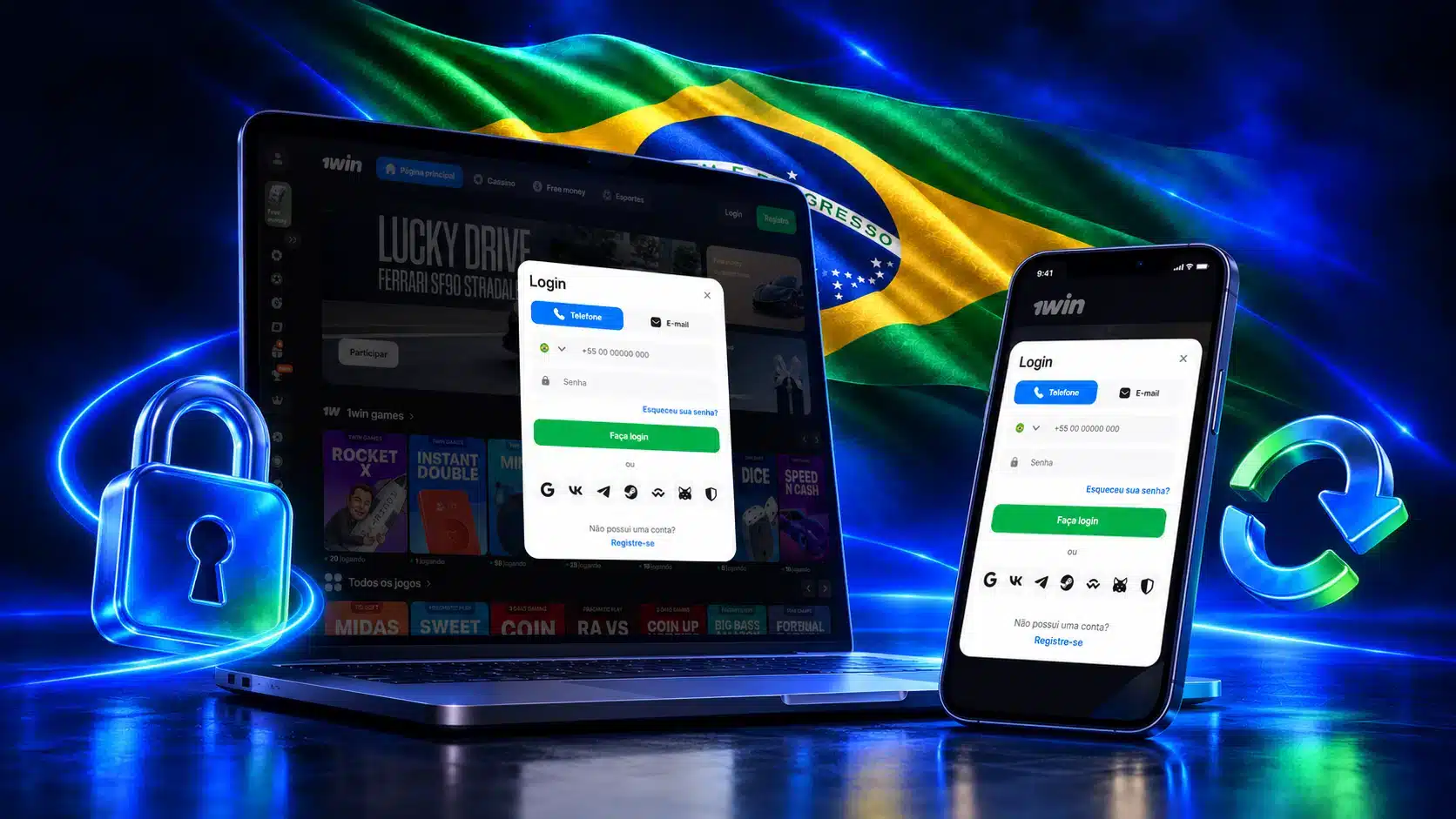 Acesso à conta pelo celular e computador Notebook e celular com formulários de login junto a cadeado e símbolo de atualização em um cenário azul com a bandeira do Brasil