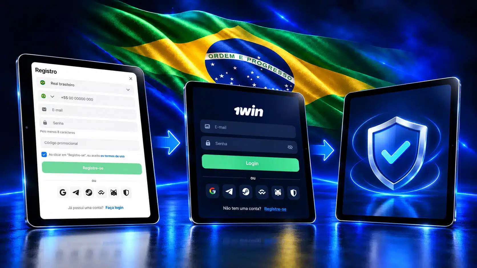 Três telas com cadastro, login e escudo de confirmação em um cenário azul com a bandeira do Brasil