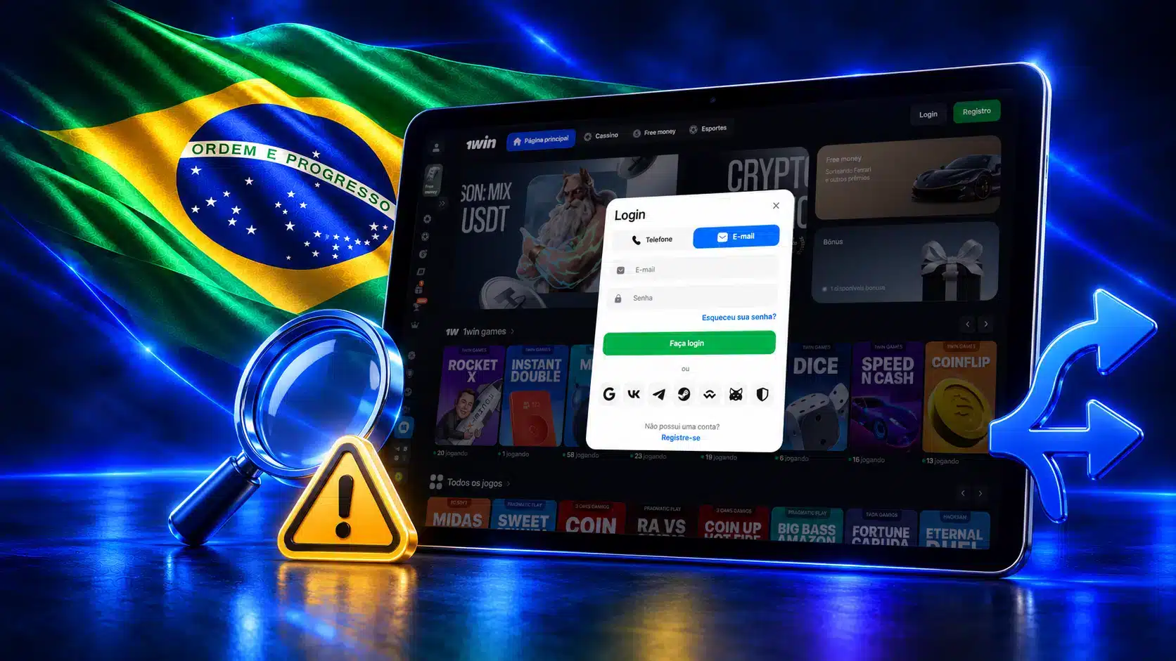 Monitor com formulário de login junto a lupa, alerta e setas em um cenário azul com a bandeira do Brasil