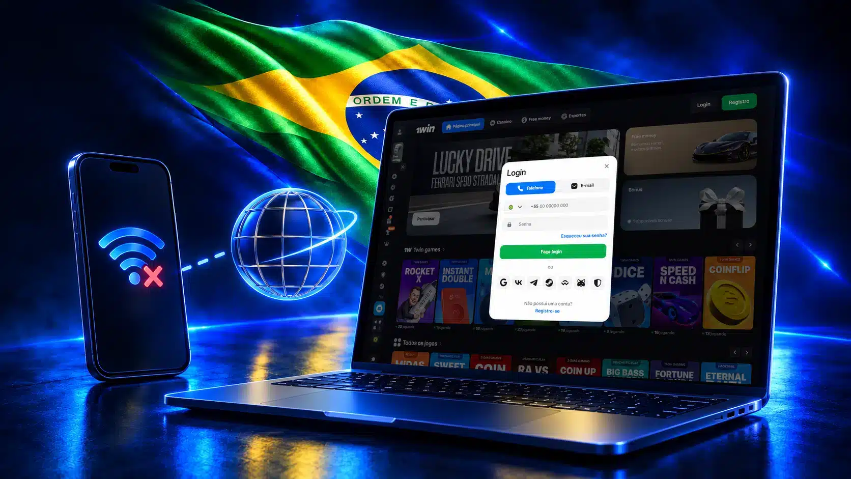 Notebook com formulário de login junto a celular com falha de conexão e globo em um cenário azul com a bandeira do Brasil