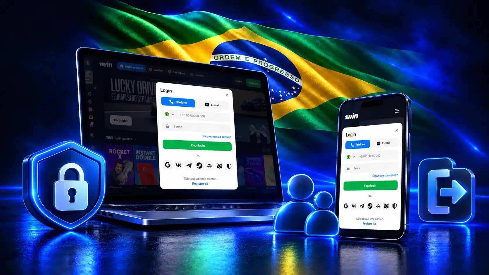 Notebook e celular com formulários de login junto a cadeado, perfis e símbolo de saída em um cenário azul com a bandeira do Brasil