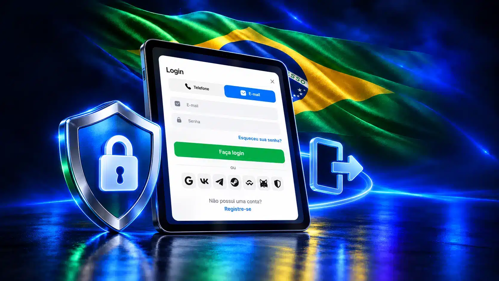 Tablet com formulário de login junto a escudo com cadeado e símbolo de saída em um cenário azul com a bandeira do Brasil