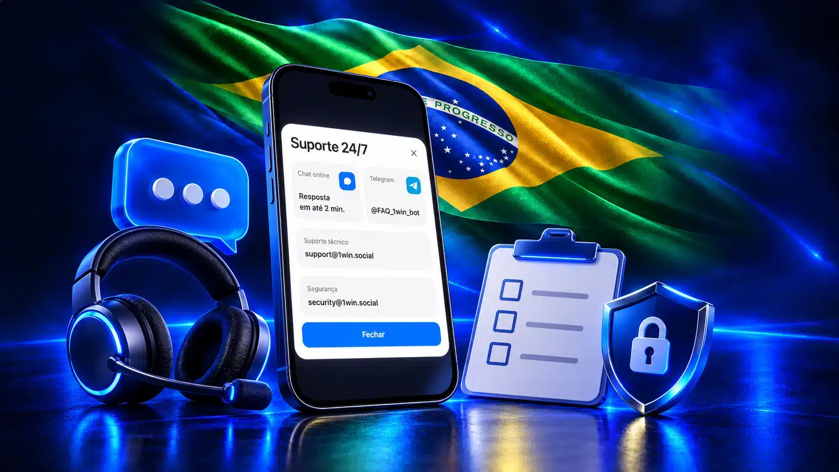 Celular com formulário de suporte junto a fone, lista e cadeado em um cenário azul com a bandeira do Brasil