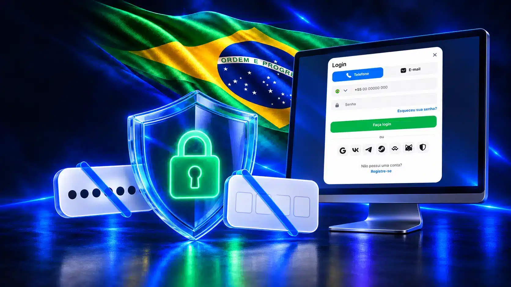Monitor com formulário de login junto a escudo com cadeado e símbolos de senha e cartão em um cenário azul com a bandeira do Brasil