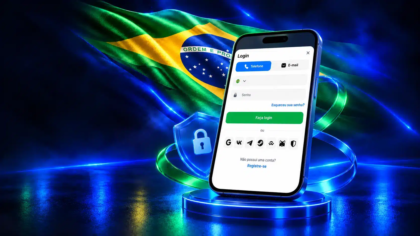Celular com formulário de login junto a cadeado e faixas luminosas em um cenário azul com a bandeira do Brasil