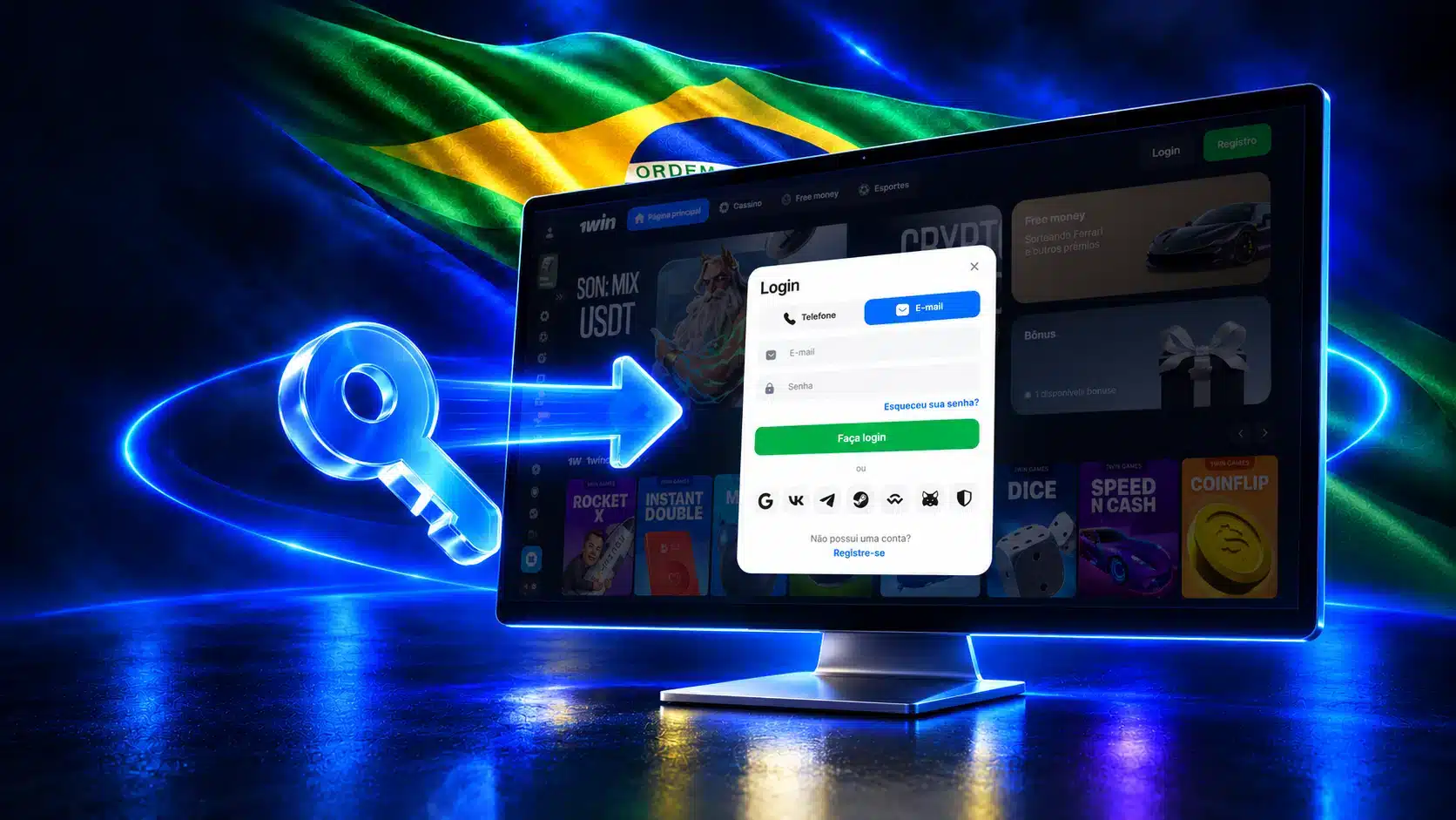 Monitor com formulário de login junto a chave e seta luminosa em um cenário azul com a bandeira do Brasil