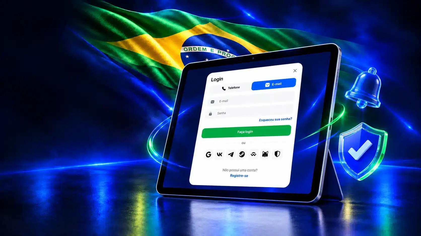 Tablet com formulário de login junto a sino e escudo com confirmação em um cenário azul com a bandeira do Brasil