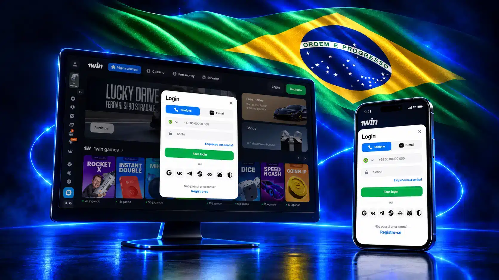 Monitor e celular com formulários de login em um cenário azul com a bandeira do Brasil