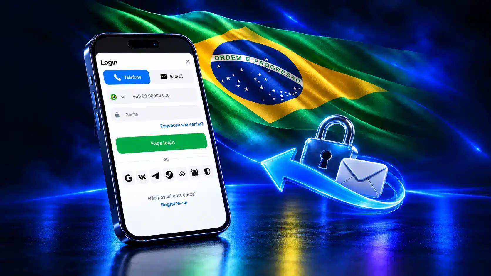 Celular com formulário de login junto a cadeado, envelope e seta em um cenário azul com a bandeira do Brasil