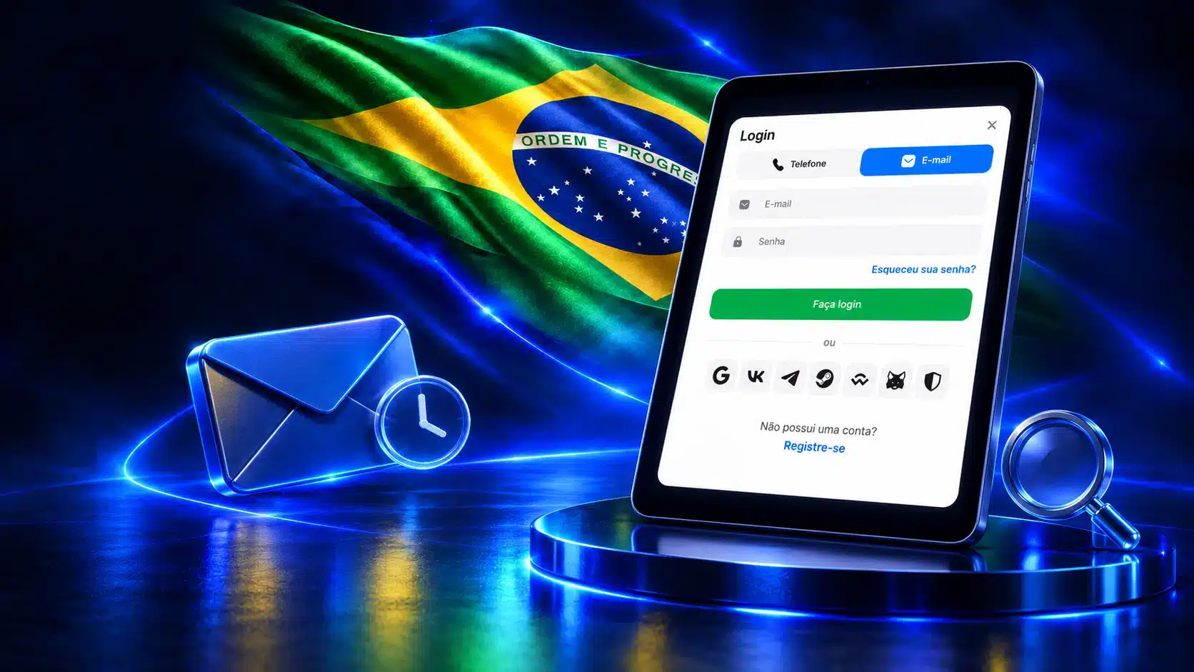 Tablet com formulário de login junto a envelope, relógio e lupa em um cenário azul com a bandeira do Brasil