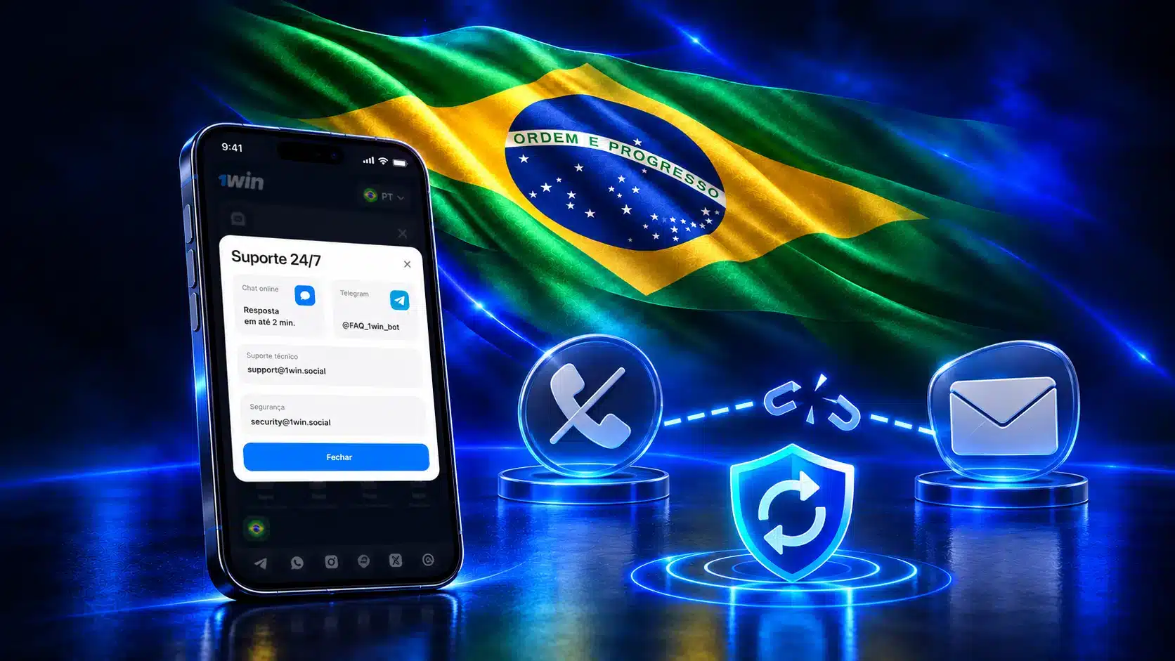 Celular com formulário de suporte junto a envelope e símbolos de conexão e proteção em um cenário azul com a bandeira do Brasil