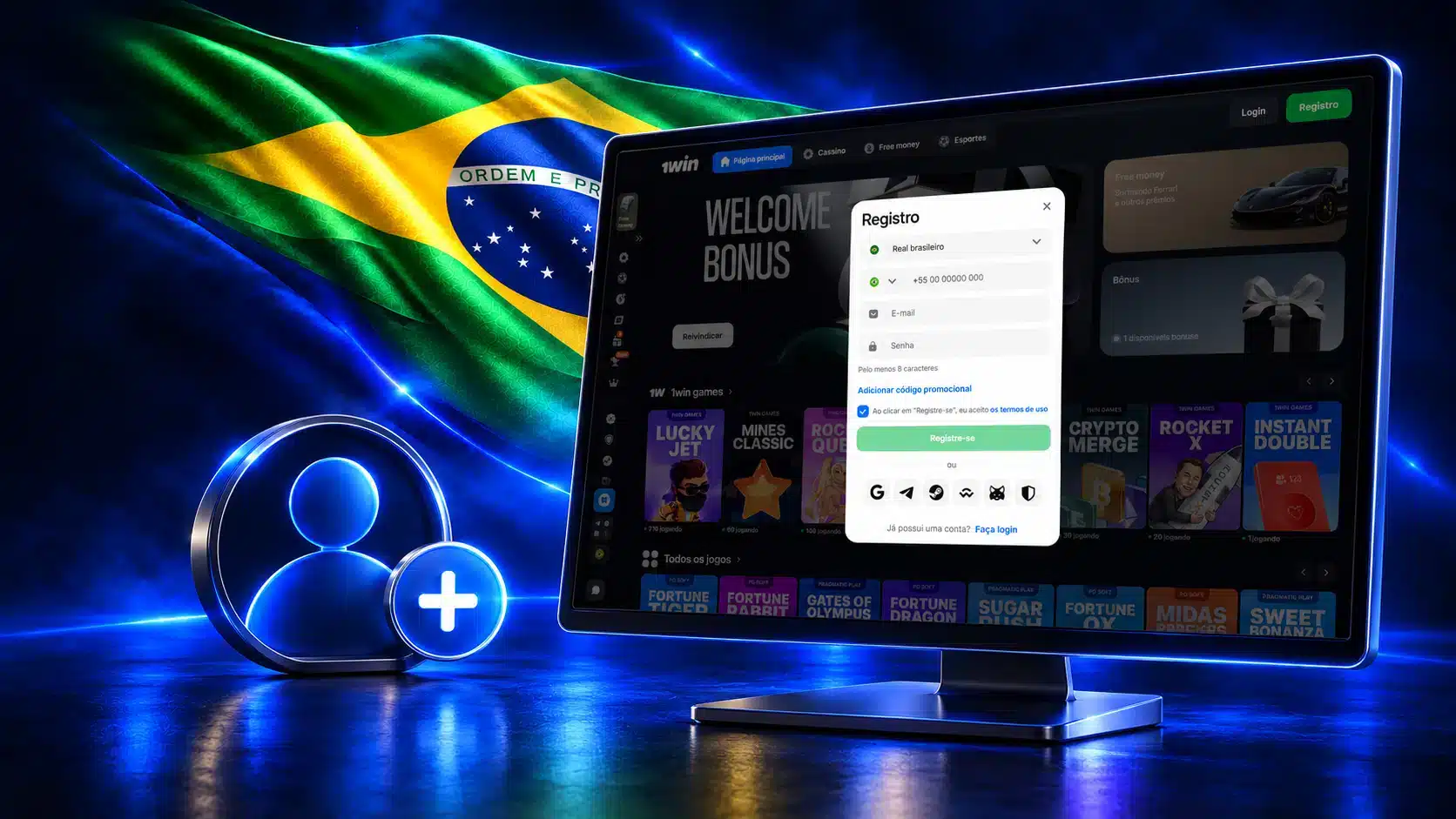 Notebook com formulário de cadastro junto a perfil e símbolo de adição em um cenário azul com a bandeira do Brasil