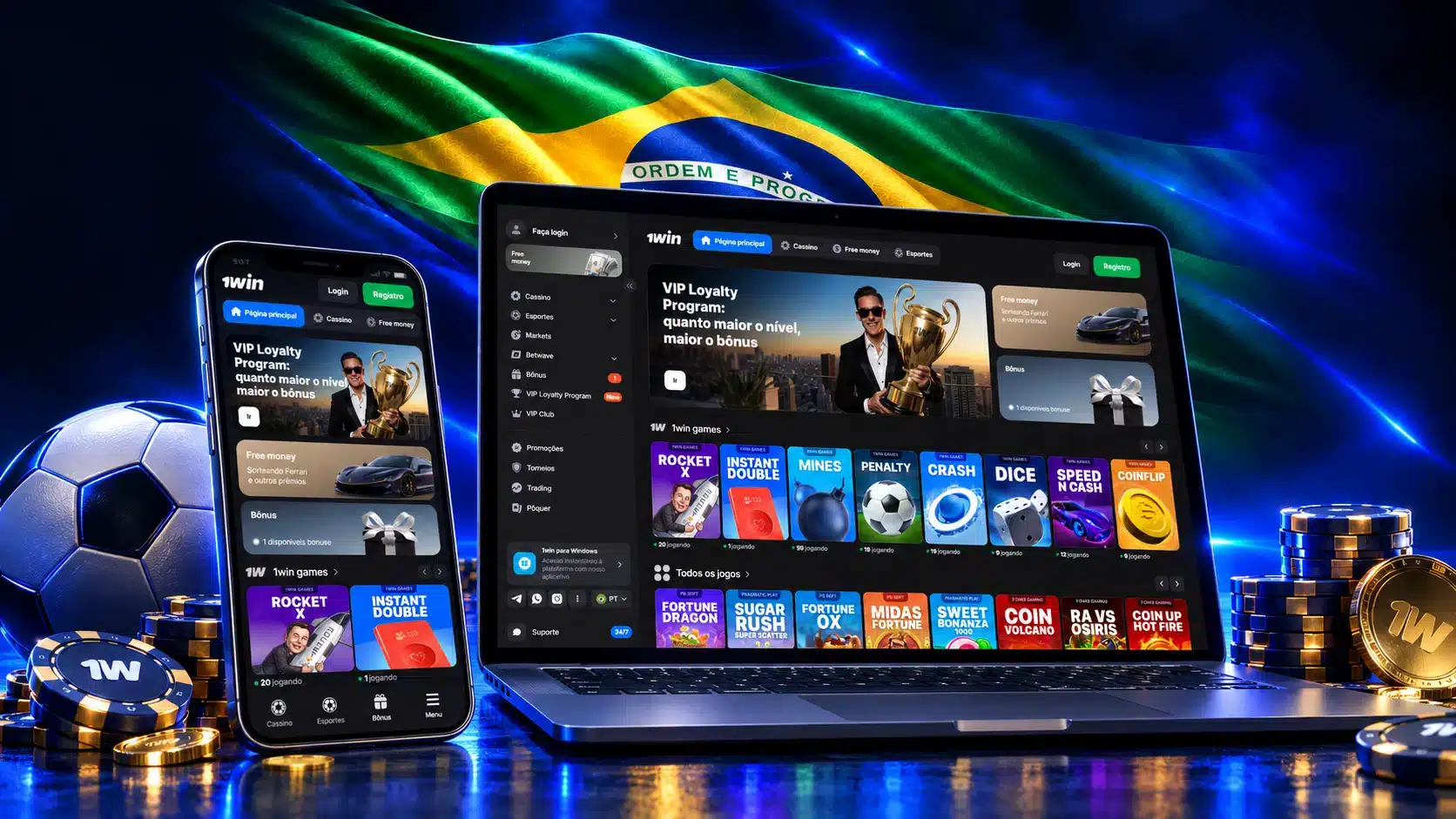 Notebook e celular com categorias de jogos junto a bola de futebol, fichas e moedas em um cenário azul com a bandeira do Brasil