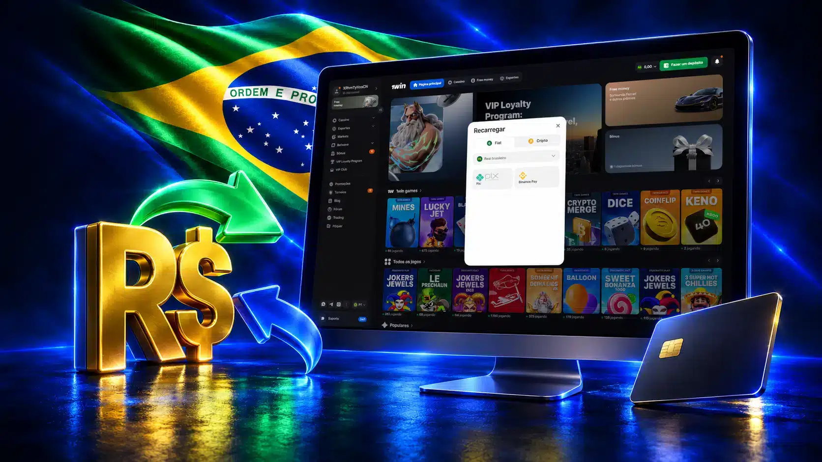 Monitor com opções de pagamento junto a símbolo de reais, setas e carteira em um cenário azul com a bandeira do Brasil