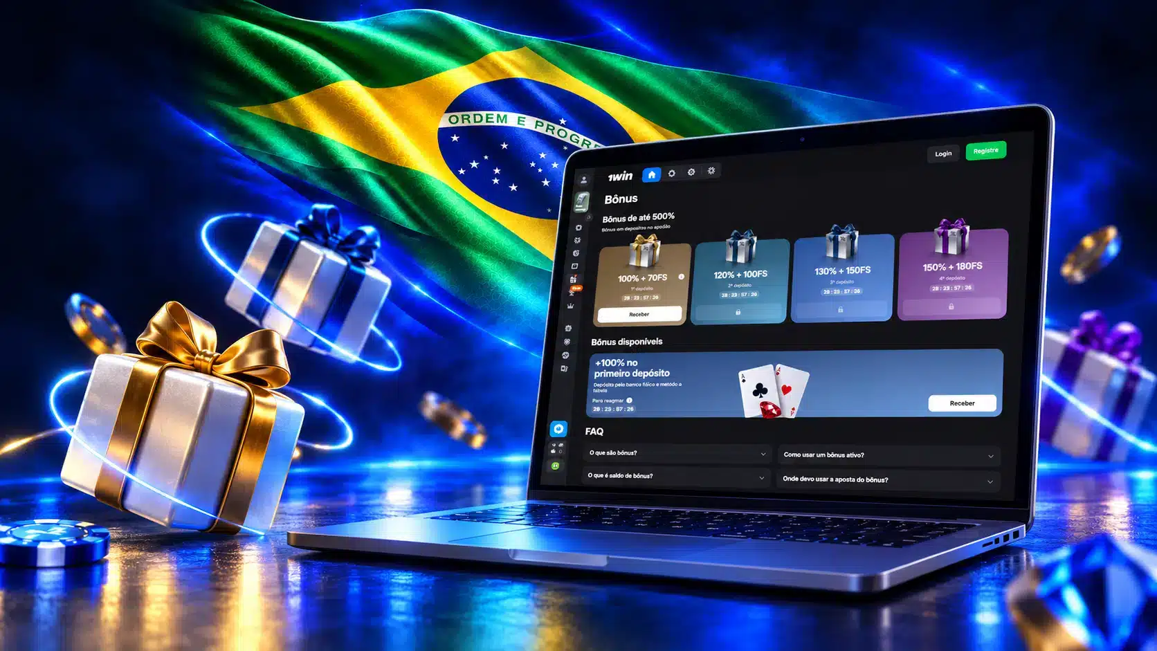 Notebook com ofertas de bônus junto a caixas de presente e fitas luminosas em um cenário azul com a bandeira do Brasil