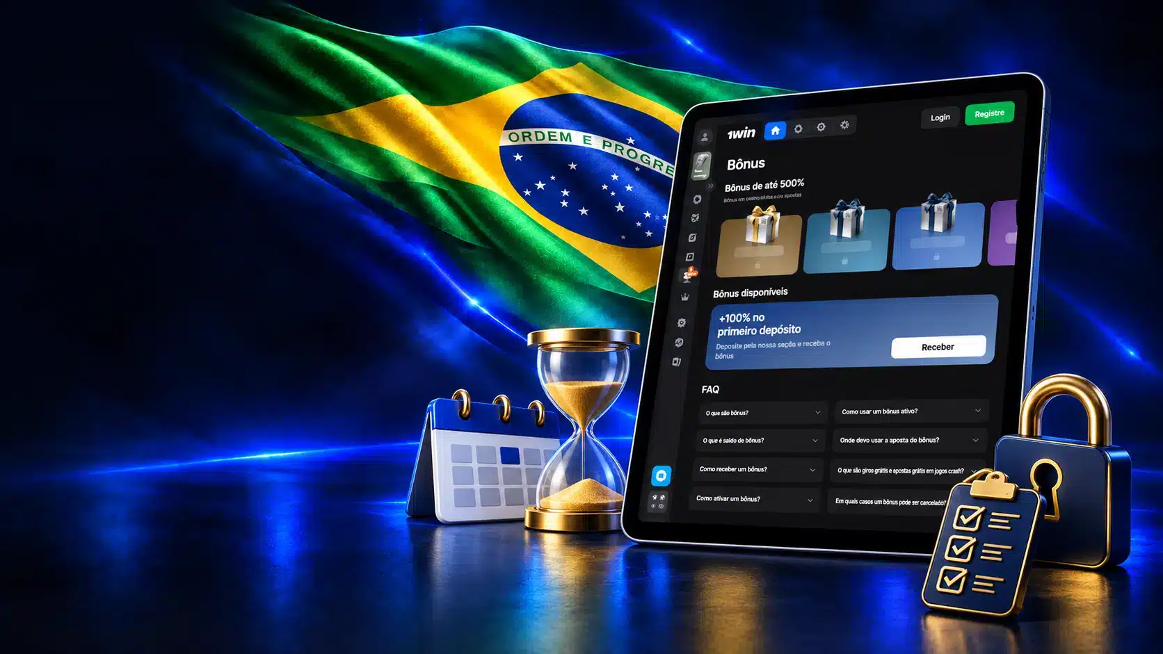 Tablet com ofertas de bônus junto a calendário, ampulheta, cadeado e lista de condições em um cenário azul com a bandeira do Brasil