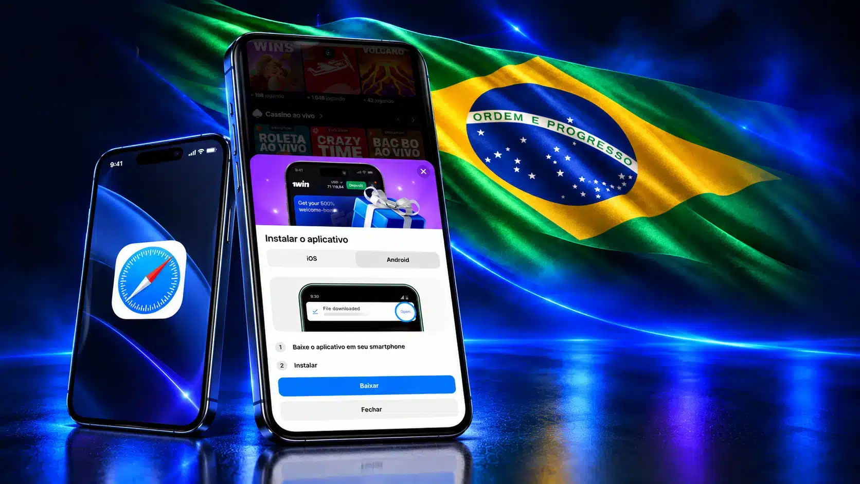 Celulares com opções de instalação e símbolo do Safari em um cenário azul com a bandeira do Brasil
