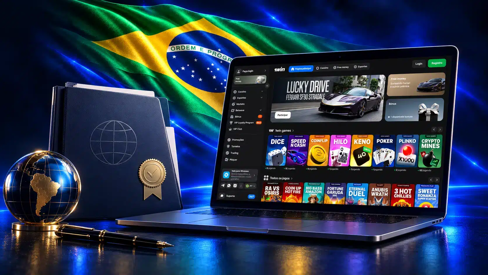 Notebook com a plataforma junto a documento, selo, globo e caneta em um cenário azul com a bandeira do Brasil
