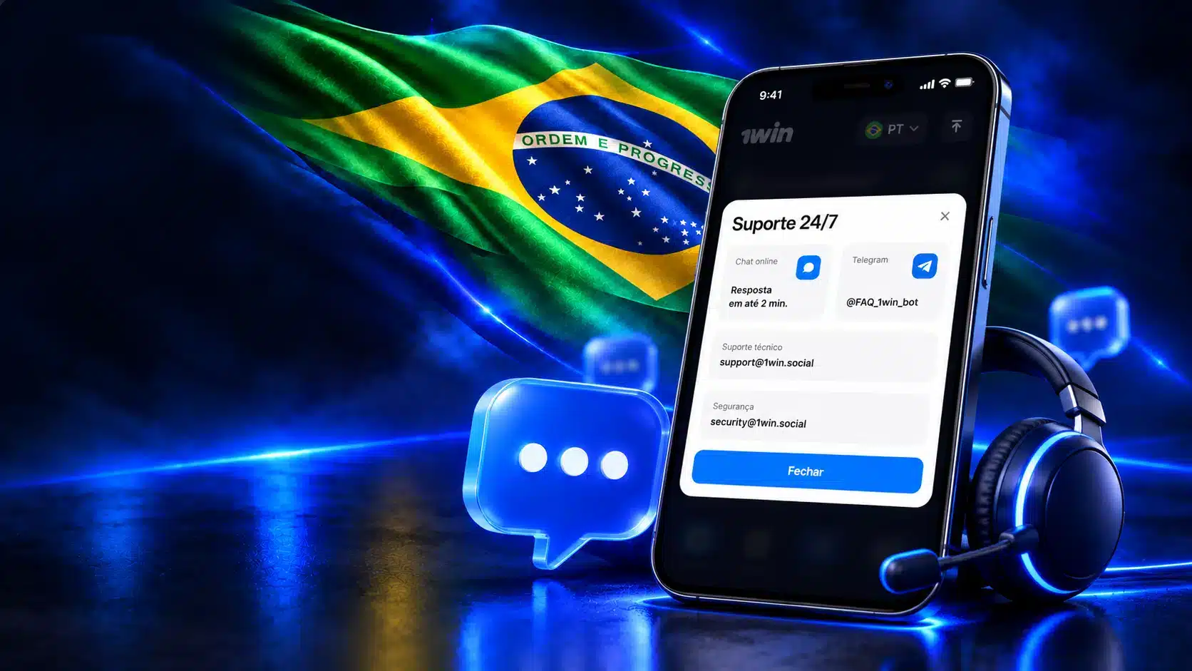 Celular com formulário de suporte junto a fone e balão de conversa em um cenário azul com a bandeira do Brasil