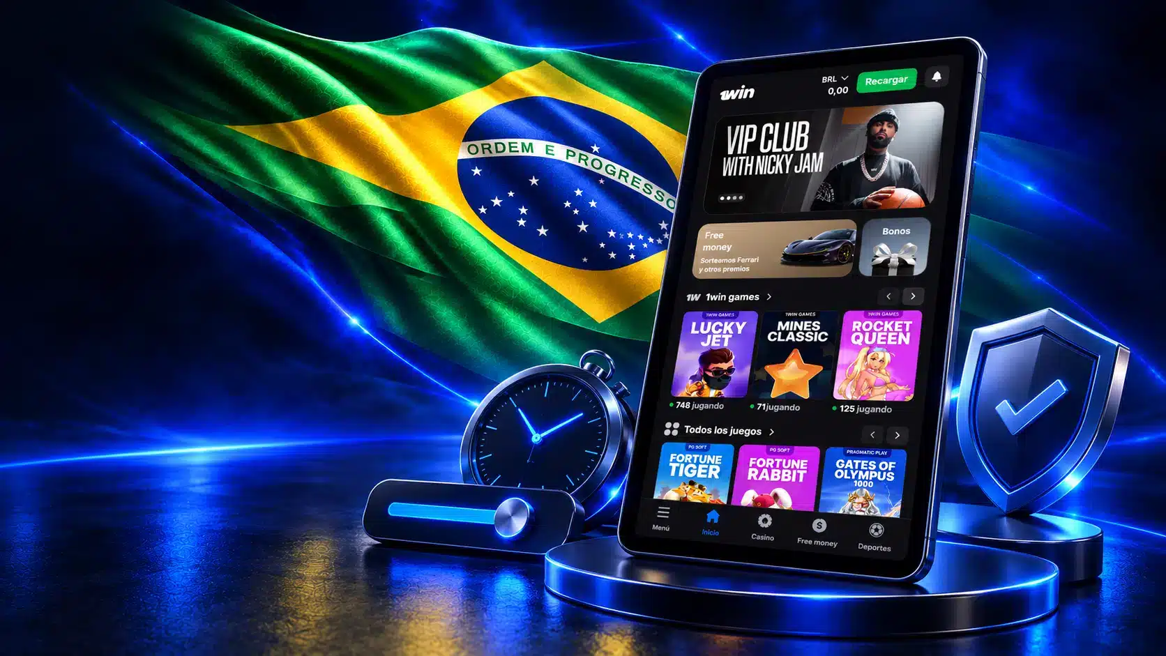 Celular com categorias de jogos junto a relógio, controle e escudo em um cenário azul com a bandeira do Brasil