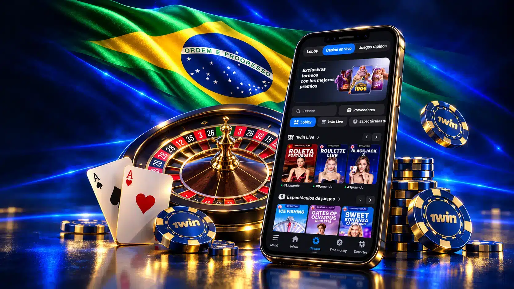 Celular com categorias de cassino junto a roleta, cartas e fichas em um cenário azul com a bandeira do Brasil