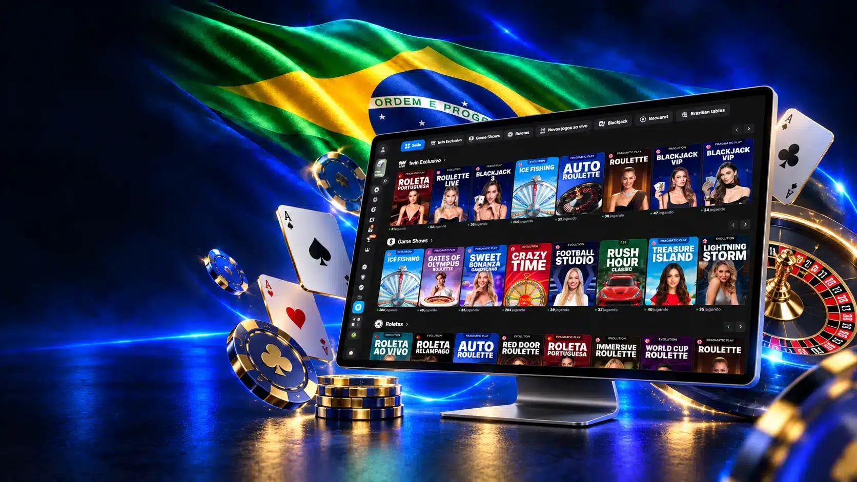 Monitor com mesas de cassino ao vivo junto a cartas, roleta e fichas em um cenário azul com a bandeira do Brasil