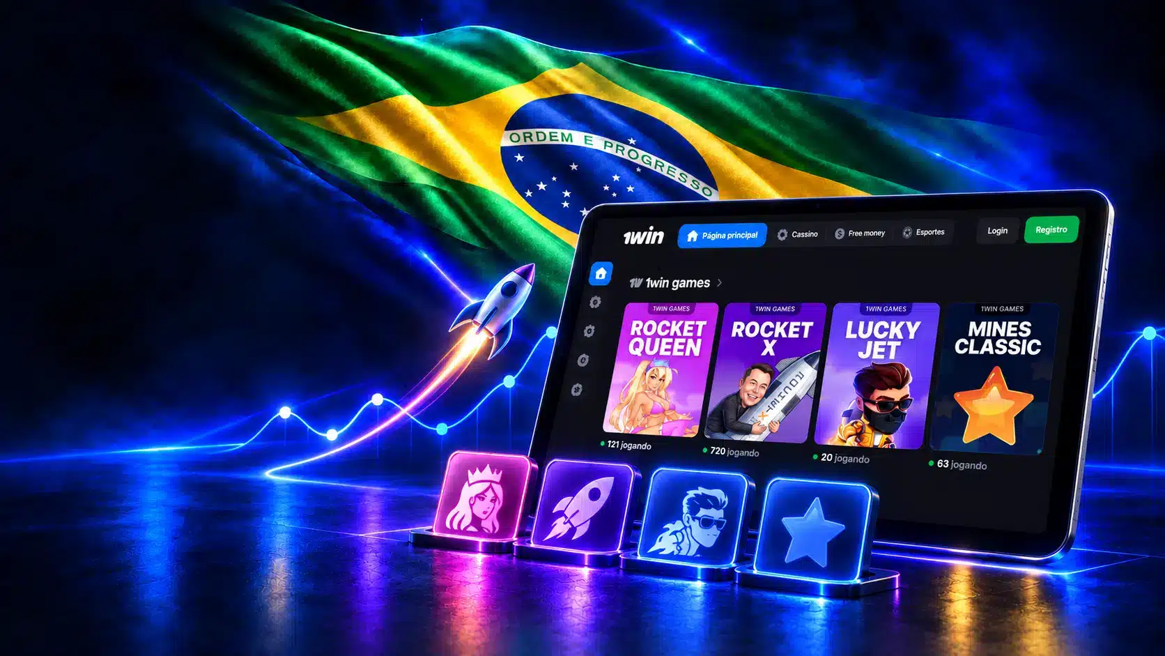Tablet com jogos rápidos junto a foguete, gráfico luminoso e ícones de jogos em um cenário azul com a bandeira do Brasil