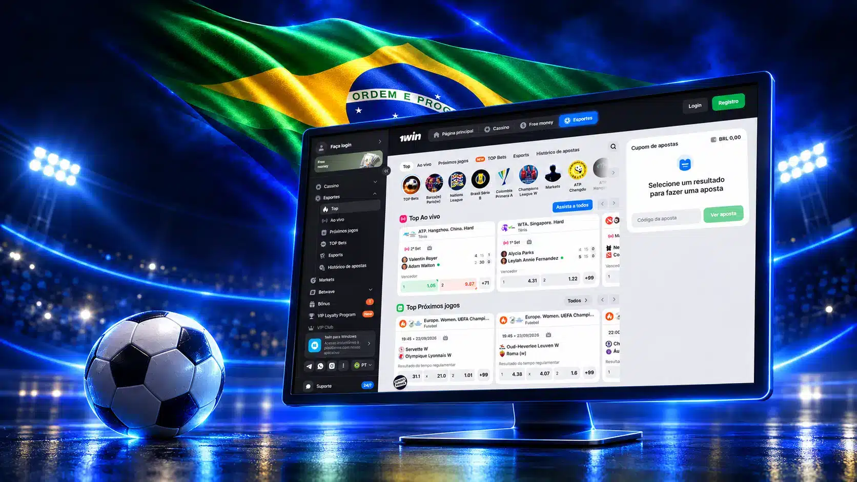 Monitor com eventos esportivos e bilhete de aposta junto a bola de futebol e iluminação de estádio em um cenário azul com a bandeira do Brasil