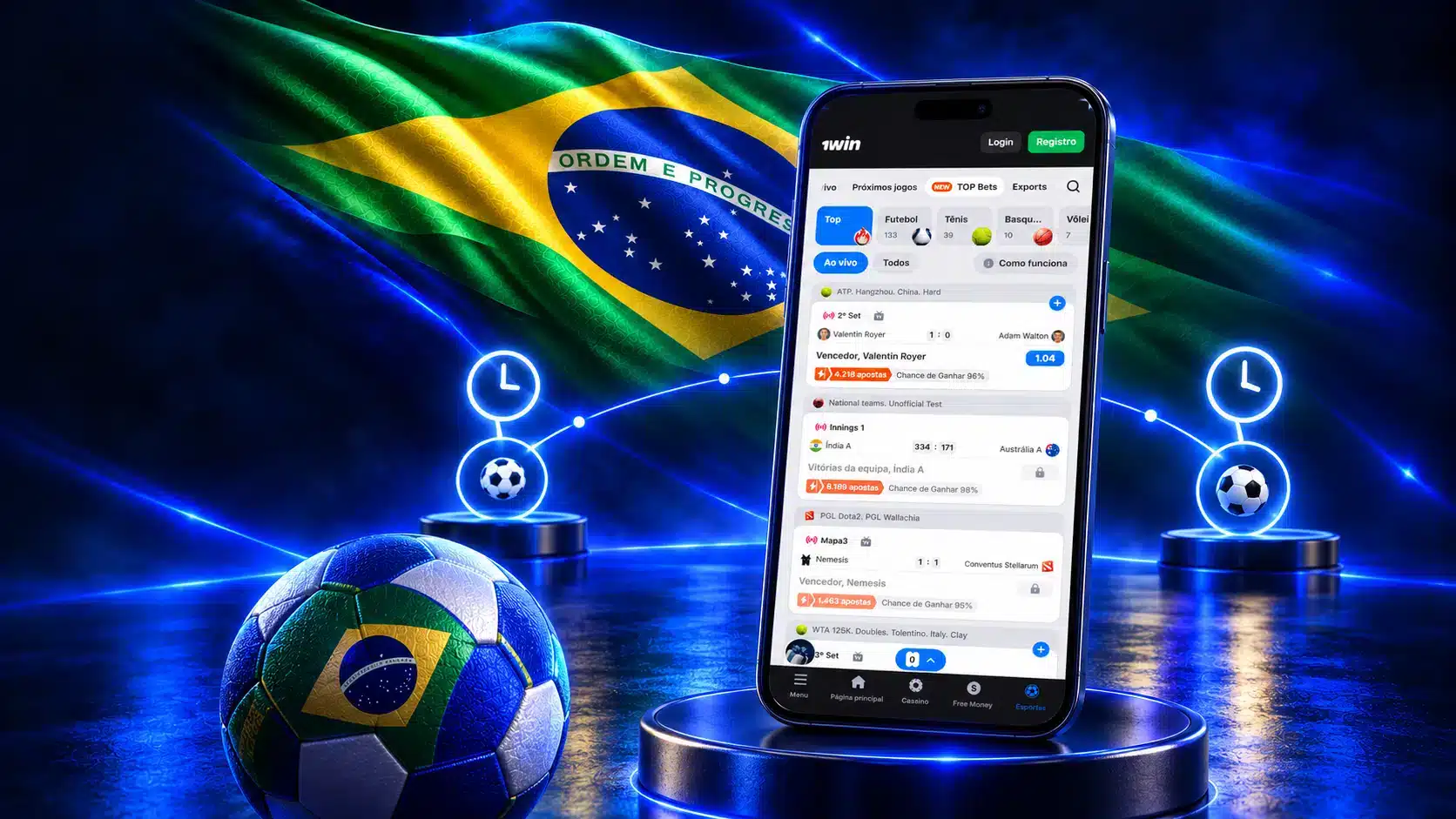 Celular com eventos esportivos junto a bola com as cores do Brasil e símbolos de relógio e futebol em um cenário azul com a bandeira do Brasil