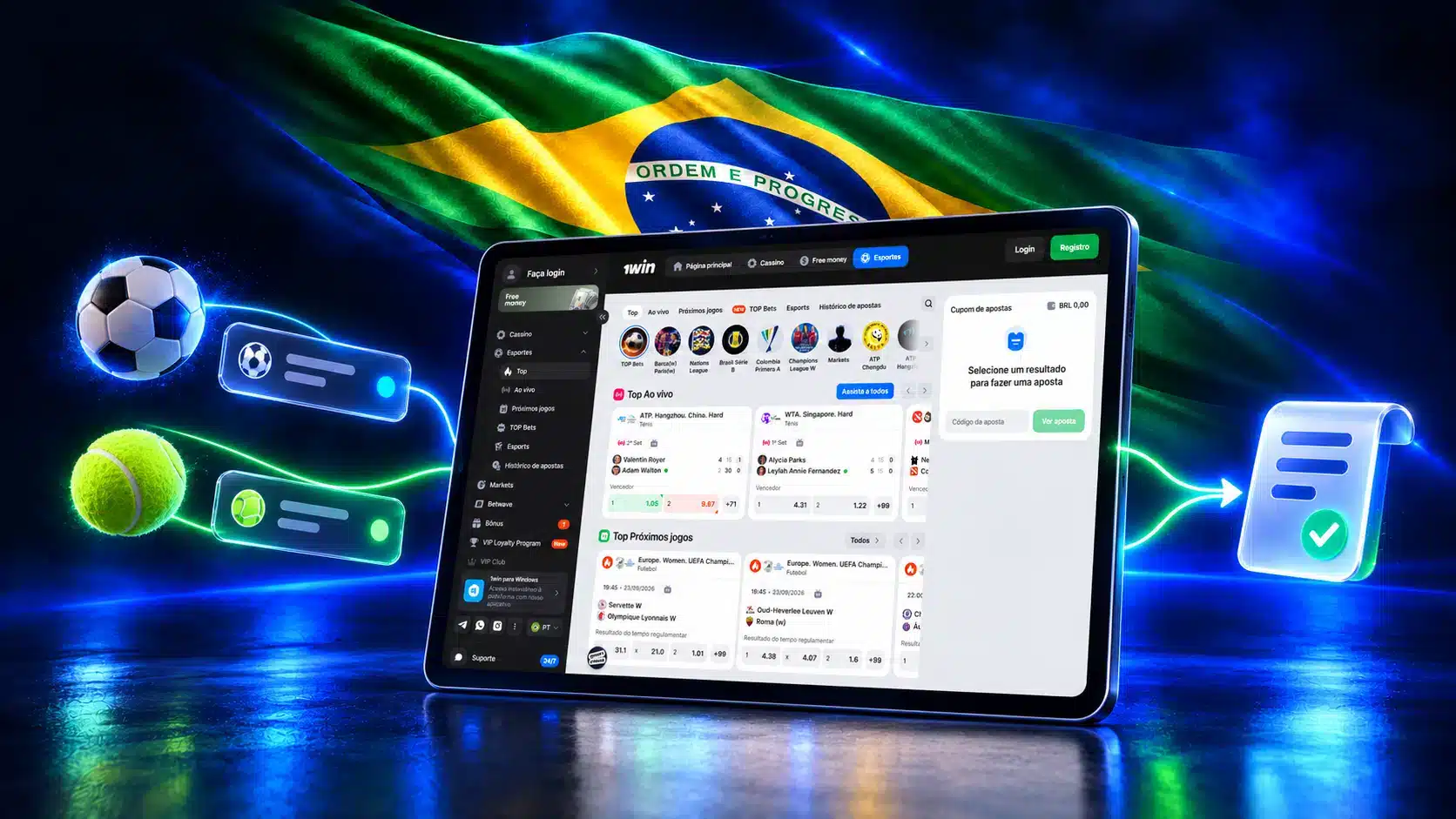 Tablet com eventos esportivos e bilhete junto a bolas, seleções e lista de confirmação em um cenário azul com a bandeira do Brasil