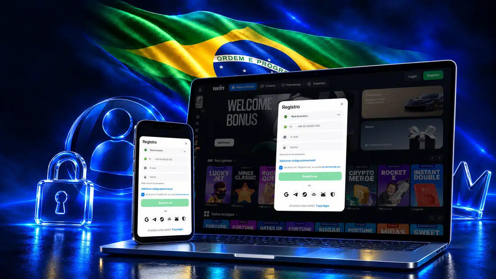 Notebook e celular com formulários de cadastro junto a perfil e cadeado em um cenário azul com a bandeira do Brasil