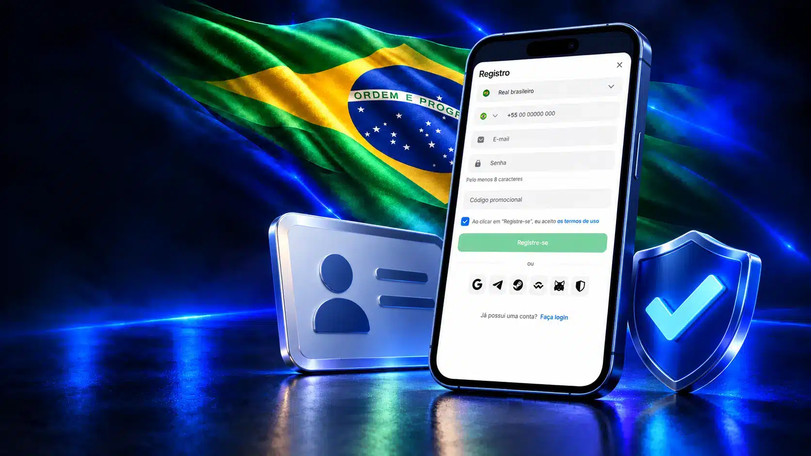 Celular com formulário de cadastro junto a documento de identificação e escudo em um cenário azul com a bandeira do Brasil